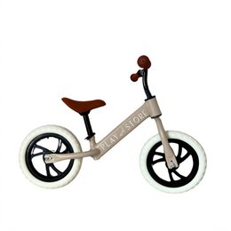  Taupe-colored balance bike with a wooden frame and black wheels, designed for kids to play and store.