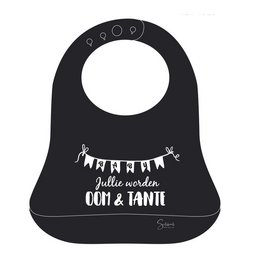 Silicone bib with tray featuring the text "Hello world, Aunt & Uncle" and a decorative banner design. Made of durable silicone material for easy cleaning.