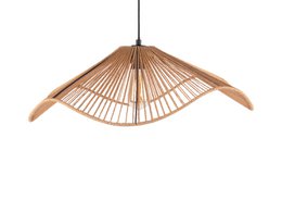  Pendant lamp with a natural bamboo shade in a fan-like design, providing warm, diffused lighting.
