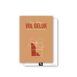 A festive Christmas card with the text "Box of Happiness" in a stylized font. The card features a simple geometric design in shades of orange and red, creating a warm and cheerful holiday vibe.