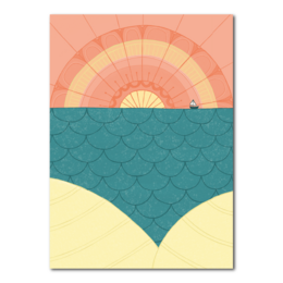 Sunset-themed card with a serene landscape featuring a sun, waves, and a small boat. The card has a warm, retro-inspired color palette of orange, yellow, and teal.