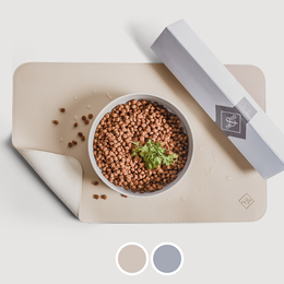  Vegan leather food bowl in gray and beige colors, available in small and large sizes. The bowl contains lentils or similar legumes, with some green garnish.