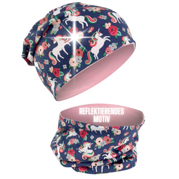 Colorful children's reflective hat and loop with a unicorn print, suitable for transitional and winter weather. The hat features a soft jersey or fleece lining for comfort.