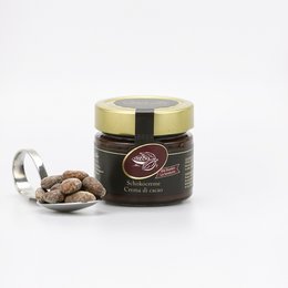 Dark chocolate spread with cocoa beans, rich and creamy texture.
