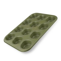 'Zenker Green Vision 12 Cavity Muffin Pan - A green-colored muffin pan with 12 cavities, suitable for baking muffins or cupcakes.'

The Zenker Green Vision 12 Cavity Muffin Pan is a green-colored baking pan with 12 individual muffin or cupcake cavities. The pan is made of a durable material, likely a type of metal or silicone, and has a smooth, non-stick surface for easy release of baked goods. The pan's green color suggests it may be part of an eco-friendly or sustainable product line. This muffin pan would be suitable for baking a variety of muffins or cupcakes in the home kitchen.