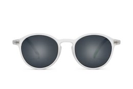 Round, white-framed sunglasses with dark lenses and a green accent on the temple.