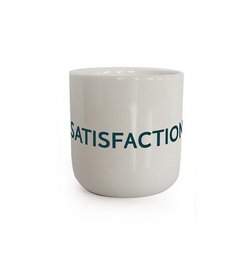 A white ceramic mug with the text "SATISFACTION" printed on it in blue.