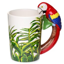 Parrot with Jungle Decal Ceramic Shaped Handle Mug - A colorful ceramic mug featuring a vibrant parrot perched on a lush jungle backdrop, perfect for coffee or tea.