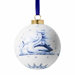  Round white ceramic Christmas ornament, blue Waterman illustration, delft blue style, gold metal cap, decorative holiday bauble.