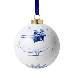  White ceramic round Christmas ornament with blue archer archer zodiac sign illustration and star design
