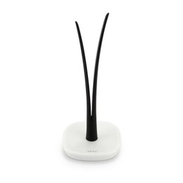 A black and white paper roll holder with a tall, slender design. The holder has a round, white base and two black, vertical rods extending upwards to hold the paper roll.