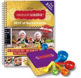 This product appears to be a cookbook or recipe book titled "Best of Backküche" (Best of Baking). It includes a 5-piece measuring cup set and a decorative cookie jar. The book cover features colorful images of various baked goods and cooking utensils. The book seems to be focused on recipes and cooking for children or families.