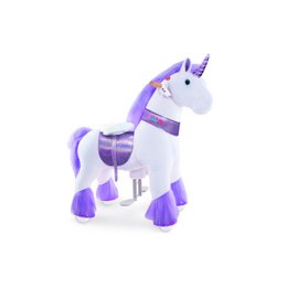  Plush purple and white unicorn ride-on toy with a horn, suitable for children aged 4-7 years old.