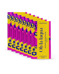  7 packs of mango-flavored water, vibrant yellow and pink packaging, signature branding