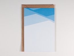 Set of 4 abstract geometric postcards with blue and white shapes.