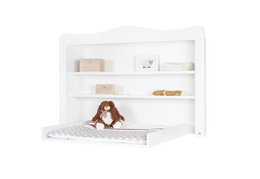 Extra wide white shelf unit for baby changing table, with open shelves for storage and display.