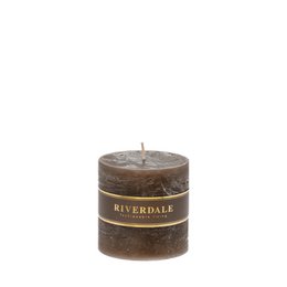  A square, dark brown candle with the Riverdale brand name printed on the label.
