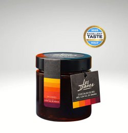  "Dark glass jar honey with salt, premium specialty, award-winning taste seal"