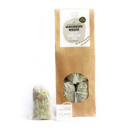 Organic Greek mountain tea, 10 tea bags, 2 grams each. Natural, herbal tea with a light, earthy flavor. Packaged in a recyclable paper bag.