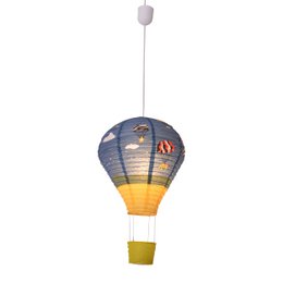  Colorful paper pendant light in the shape of a hot air balloon, suitable for a child's room. Features a gray and yellow design with cloud and bird motifs.