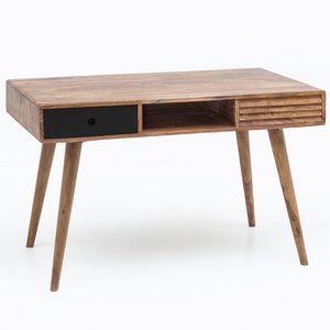 Bureau Homestorecity zwart 120 x 60 x 75 cm massief houten laptoptafel Sheesham Nature | Werktafel in landelijke stijl met 2 laden Kantoortafel PC-tafel
