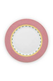 Round pink ceramic plate with yellow border design, 26.5cm diameter.