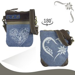Domelo traditionele tas dames schoudertas. Dirndl schoudertas gemaakt van upcycled jeans en canvas en leer. Handtas in traditionele stijl met hartjesprint. Crossbodytas voor dames als Oktoberfest-accessoire.