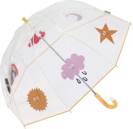Transparent children's umbrella with colorful dome cover and manual operation. Features whimsical designs including flowers, stars, and rainbows. Suitable for rainy weather and outdoor play.