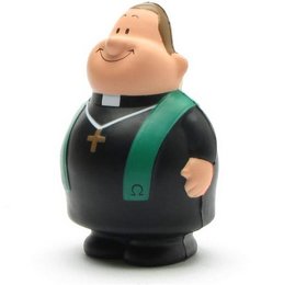 A figurine of a smiling pastor wearing a black robe with a green sash and a cross pendant.