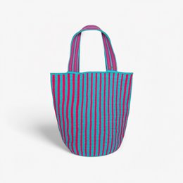  A striped round tote bag in shades of blue, purple, and pink. The bag has a structured, cylindrical shape and appears to be made of a woven or knitted material.