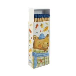  Long matches with an autumn bear design. The matches are packaged in a colorful box with illustrations of an autumn bear, leaves, and other nature elements.