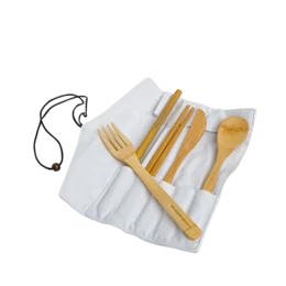 Sustainable and eco-friendly reusable bamboo cutlery set for picnics, includes forks, knives, and spoons made of natural bamboo material.
