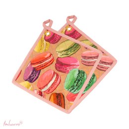  Pink quilted oven mitts with colorful macaron print design, heart-shaped handles, kitchen accessory.