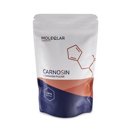 Carnosin Pulver is a dietary supplement powder containing the amino acid carnosine. The product is packaged in a resealable pouch with a simple, minimalist design featuring the Molecular logo and product name.