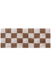 Brown and cream checkered pattern runner rug, geometric square design, neutral tones.