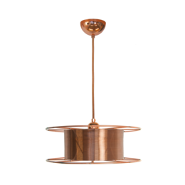 Copper pendant light with a spool-like design, featuring a round shape and a minimalist, industrial style.