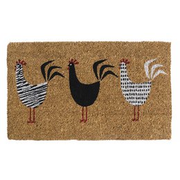 Coir doormat with roosters in various patterns and colors, suitable for entryways and outdoor use.