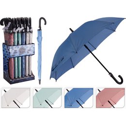  Blue polyester umbrella with curved handle, available in multiple colors including white, mint, pink.