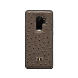 Gray leather smartphone case with ostrich embossing pattern, suitable for Samsung Galaxy S9 Plus.