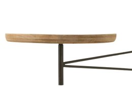 Round wooden dining table with metal frame, natural wood finish, rotating design.