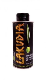 250ml organic extra virgin olive oil in a can. Olive oil with a dark green color and a rich, fruity flavor.