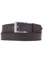 Dark brown buffalo leather belt with silver-tone buckle, suitable for casual and formal wear.