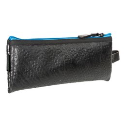 A black and turquoise pencil case with a zipper closure. The case has a textured, pebbled surface and a contrasting turquoise zipper pull.