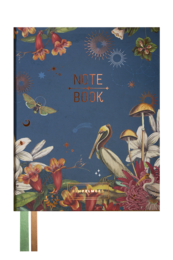 A6 sized notebook with a blue cover featuring a floral and butterfly design. The notebook is made from FSC certified materials.
