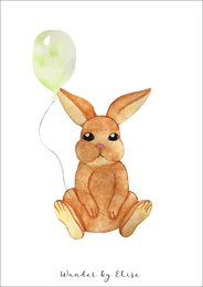 A whimsical illustration of a cute rabbit holding a green balloon. The rabbit has large, expressive eyes and appears to be sitting on a plain background.
