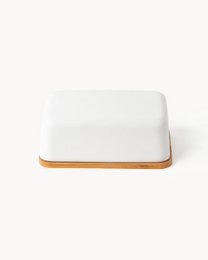  Rectangular white butter dish with bamboo lid, available in white or black.