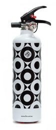 A black and white fire extinguisher with a circular pattern design. The fire extinguisher appears to be made of metal and has a red handle.