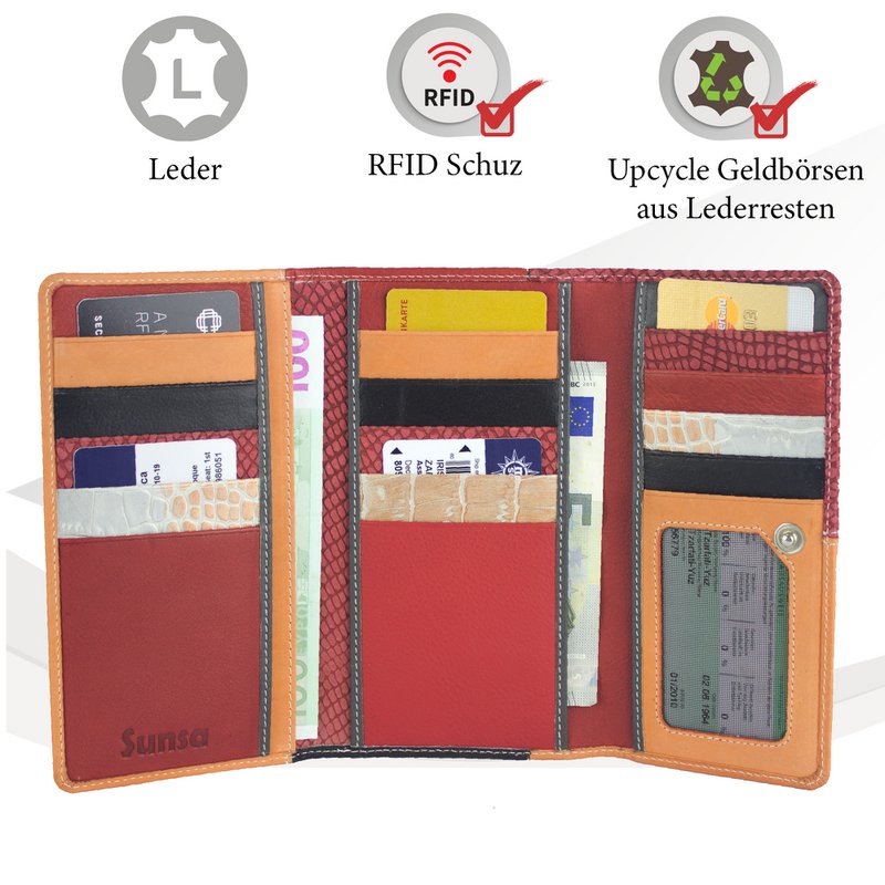 Cartera de mujer Sunsa. monedero de cuero. Cartera con protección RFID. Cartera sostenible hecha con retales de cuero. Cartera de mujer grande con muchos compartimentos para tarjetas de crédito: cartera/cartera para mujer, la mejor idea de regalo.