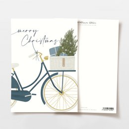 Vintage Christmas postcard with a classic car carrying a Christmas tree and gifts. The postcard is FSC certified, indicating it is made from sustainable forestry materials.