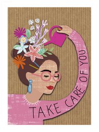 "Colorful floral card with a woman's face and the text 'Take care of yourself'"

The image depicts a greeting card with a vibrant, hand-drawn illustration. The card features a woman's face surrounded by a variety of flowers, leaves, and other natural elements in a range of colors. The text on the card reads "Take care of yourself".